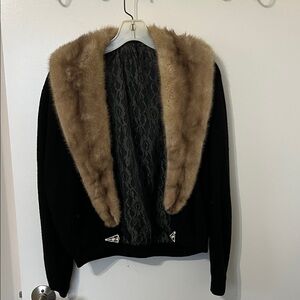 Vintage Black Cardigan with  Fur Collar